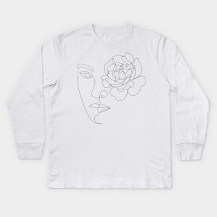 Line Art Woman with peony Kids Long Sleeve T-Shirt